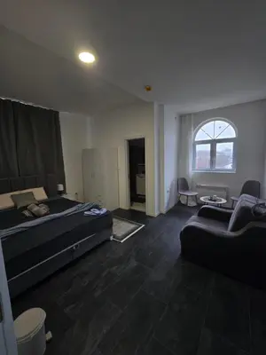 a bedroom with a bed and a couch and a window at Stari Vuk in Belgrade
