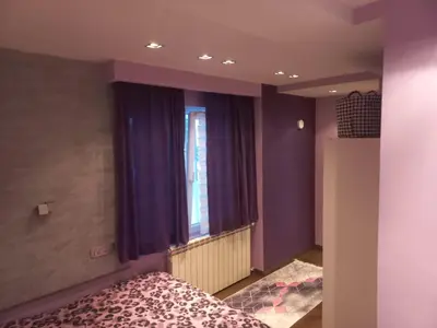 a bedroom with a bed and a window with purple curtains at Perfect place to stay in Belgrade