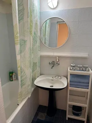 a bathroom with a sink and a mirror and a shower curtain at Skadarlija Retro Charming Apartment in Belgrade