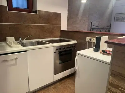 a kitchen with a sink and a stove at Studio Skadarlija in Belgrade