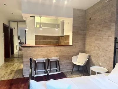 a bedroom with a bed and a kitchen with a bar at Studio Skadarlija in Belgrade