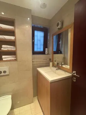 a bathroom with a sink and a mirror and a toilet at Studio Skadarlija in Belgrade