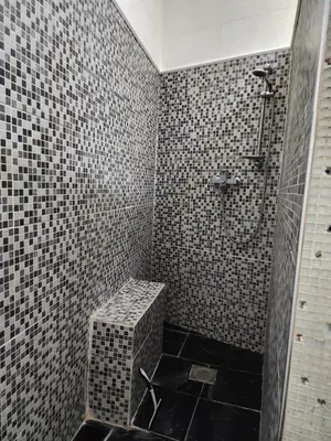 a bathroom with a shower with black and white tiles at Spa Apartment Family Belgrad in Brestovik