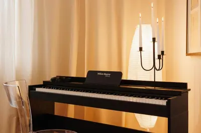 a black piano in a room with a curtain at Melody View with Balcony 2min to National Assembly in Belgrade
