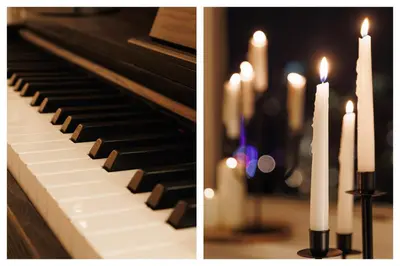 a piano with lit candles next to a group of lit candles at Melody View with Balcony 2min to National Assembly in Belgrade