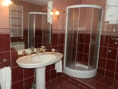 a bathroom with a sink and a shower at Hostel Mondeo in Belgrade
