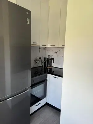 a kitchen with white cabinets and a stainless steel appliance at Marakana in Belgrade