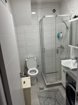 a bathroom with a shower and a toilet and a sink at Marakana in Belgrade
