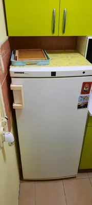 a white refrigerator in a kitchen with green cabinets at Apartman Mikica in Pančevo