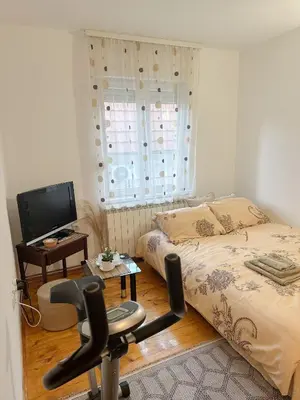 a bedroom with a bed and a desk and a chair at Orhideja in Belgrade