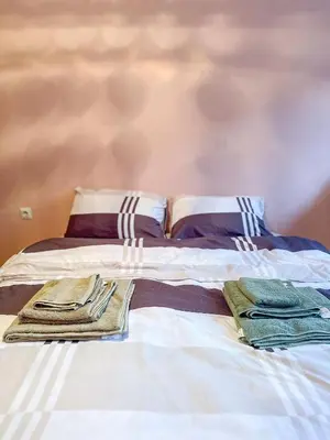 a pair of beds with towels on top of them at Orhideja in Belgrade