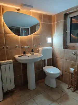 a bathroom with a sink and a toilet and a mirror at Rustic central in Belgrade