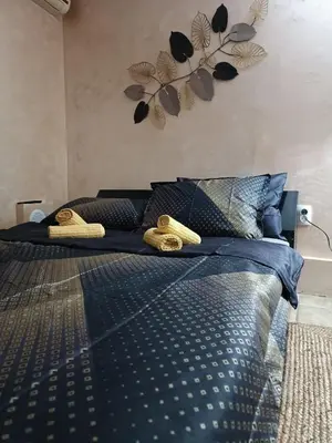 a bed with a blue comforter and leaves on the wall at Rustic central in Belgrade