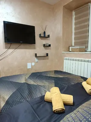 a bedroom with a tv and two towels on a bed at Rustic central in Belgrade