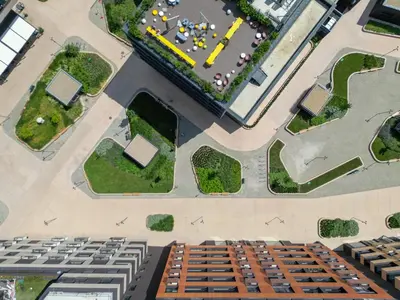 an overhead view of a building with parking spaces at HostGost Selected Suites - K District in Belgrade