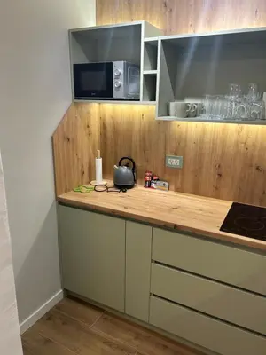 a kitchen with a counter top with a microwave at Belvil 5 in Belgrade