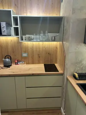 a kitchen with wooden cabinets and a counter top at Belvil 5 in Belgrade