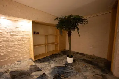 a room with a palm tree in the corner of a room at Aries apartment in Belgrade in Belgrade