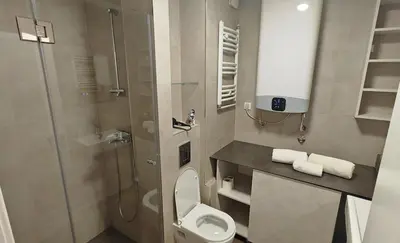 a bathroom with a toilet and a shower at Arena Lux apartment in Belgrade