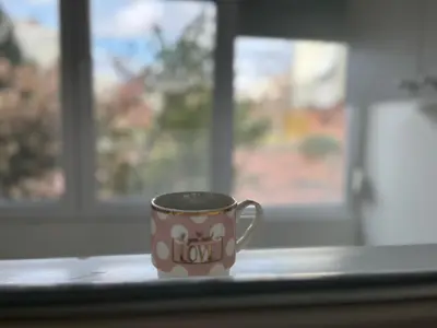 a coffee cup sitting on a window sill at Costa apt 3 bedrooms Ideal for Groups Near Arena in Belgrade