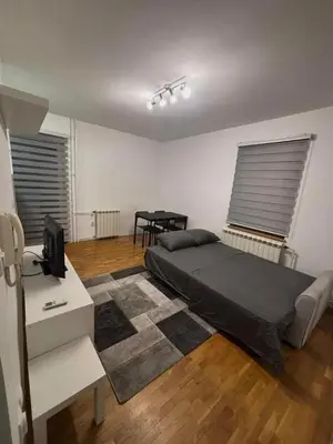 a bedroom with a bed and a tv and a table at Apartman Tara2 in Belgrade