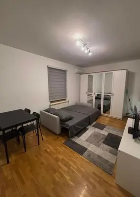 a bedroom with a bed and a table in a room at Apartman Tara2 in Belgrade