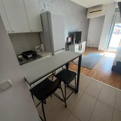 a kitchen with a table with two chairs and a refrigerator at Apartman Tara1 in Belgrade