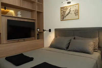 a bedroom with a bed with a flat screen tv at Aster Apartmani in Belgrade