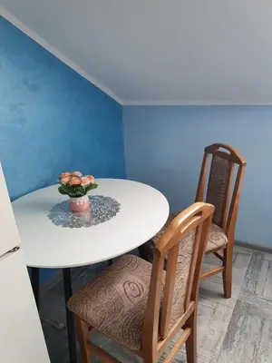 a white table with two chairs and a vase with flowers on it at A3 small cute single room in Pančevo