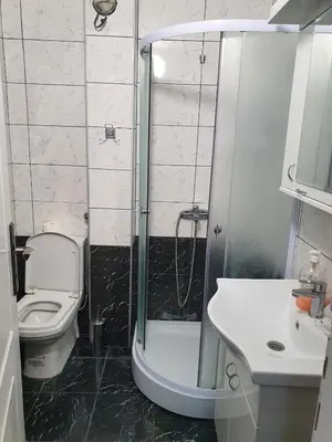 a bathroom with a shower and a toilet and a sink at A3 small cute single room in Pančevo
