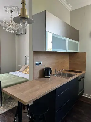 a kitchen with a sink and a counter top at Yulia's beautiful studio in Belgrade