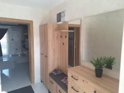 a room with a wooden cabinet and a potted plant at Apartmani Lux Filipovic in Smederevo