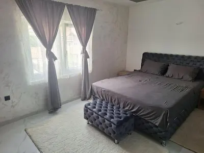 a bedroom with a bed and two windows at Apartmani Lux Filipovic in Smederevo