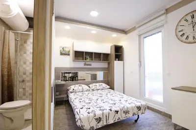 a bedroom with a bed and a toilet and a clock at Studio Apartman Valdez 2 in Belgrade