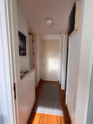 a hallway with white cabinets and a rug at Belvil Belgrade in Belgrade