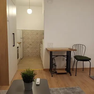 a living room with a table and chairs and a kitchen at Sarina Garsonjera in Arandjelovac