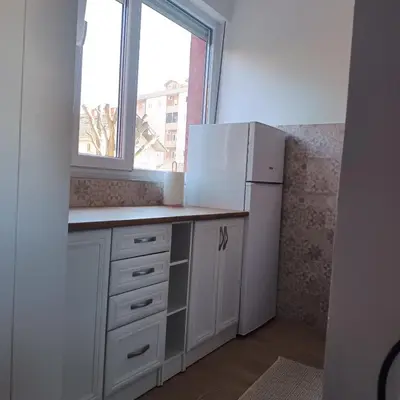 a kitchen with a white refrigerator and a window at Sarina Garsonjera in Arandjelovac
