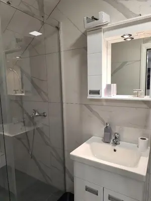 a bathroom with a sink and a shower at Nomad apartments in Belgrade