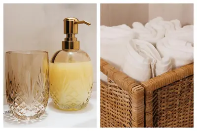 a bottle of soap next to a basket of towels at Sweet Nest 100m2 with Terrace Old Town Renovated in Belgrade