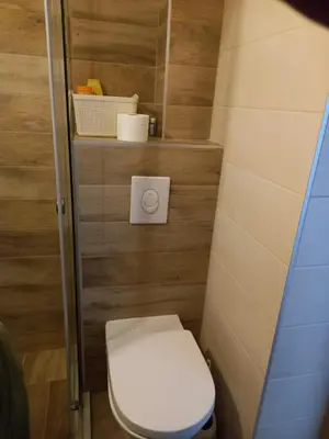 a small bathroom with a toilet and a shower at Simon in Karaburma