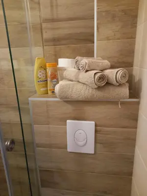 a bathroom with towels on shelves in a shower at Simon in Karaburma