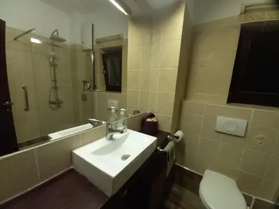 a bathroom with a sink and a toilet and a mirror at Mirara in Belgrade