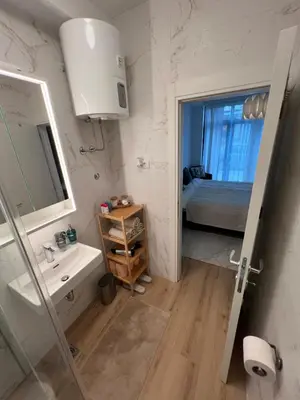 a bathroom with a sink and a mirror and a bed at Ada Smart Apartment in Belgrade