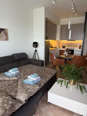 a living room with a couch and a kitchen at ASTRA LUX - Galerija Beograd na vodi - Belgrade Waterfront in Belgrade