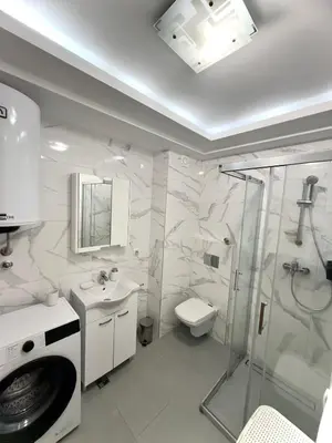 a bathroom with a shower and a toilet and a sink at Lux apartment with a park view in Belgrade