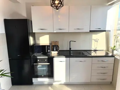 a kitchen with a black refrigerator and white cabinets at Lux apartment with a park view in Belgrade