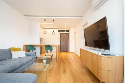 a living room with a couch and a large flat screen tv at Monza in Belgrade