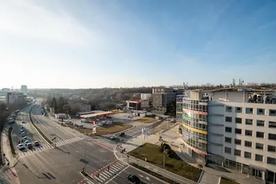 an aerial view of a city with a street at Monza in Belgrade