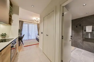 a bathroom with a walk in shower and a sink at ZIGZAG Belgrade Waterfront - SIMFONIJA 1 in Belgrade