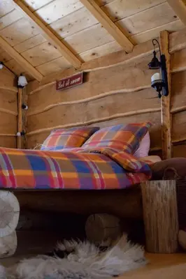 a bed in a room with a wooden ceiling at Zonamita house in Velika Remeta